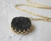 Druzy necklace, Black druzy quartz necklace, 14k gold filled necklace,14 mm round stone, Vintage necklace, Bridal necklace