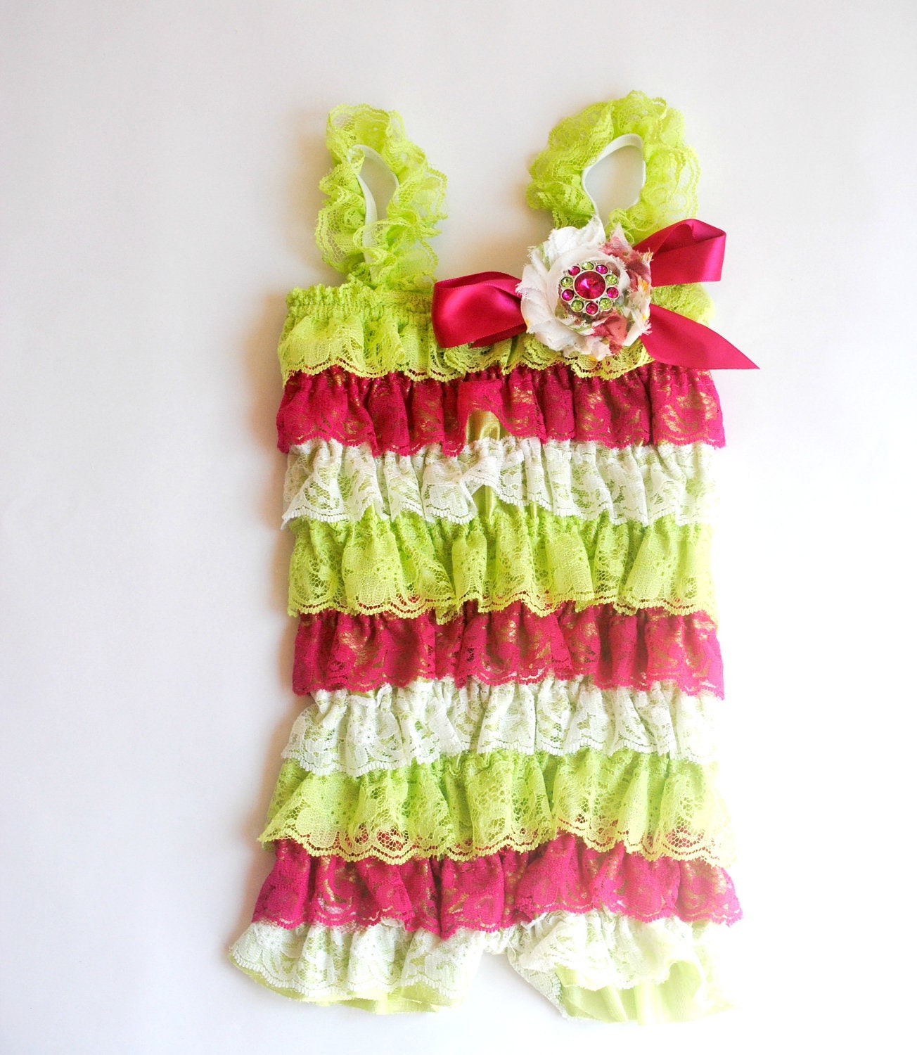 Hot Pink Lime Green Lace Newborn Baby,Toddler, Girl Petti Romper Photo Prop With Hair Shabby Flower Clip