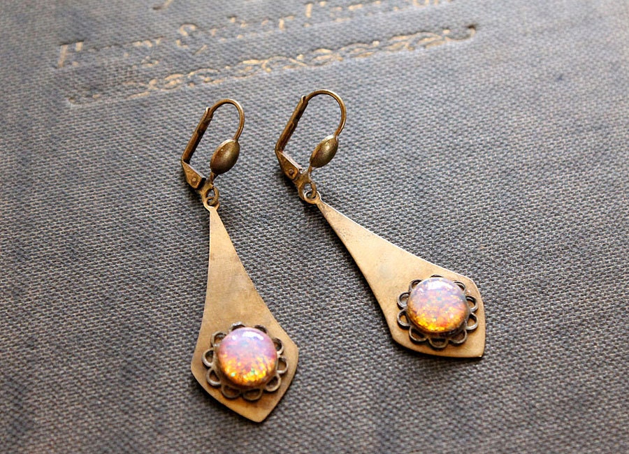 Pink Harlequins, Vintage Brass Earrings with Fire Opals