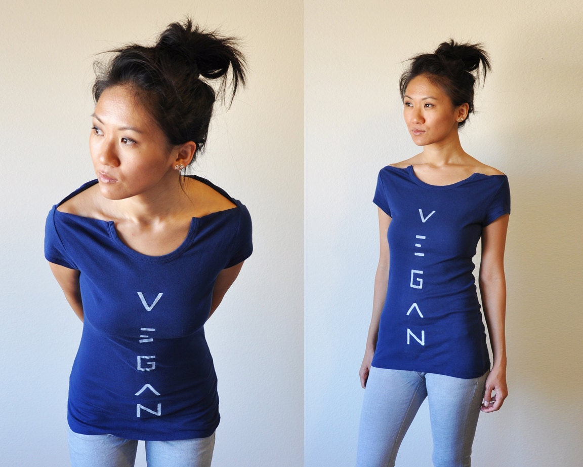 Vegan Clothing : Navy Open-Neck Ladies Shirt (Size S / M)