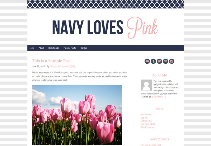 Premade Self Hosted WordPress Theme: Navy Loves Pink