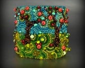 MADE TO ORDER - Summer Apple Orchard Bead Embroidery Cuff Bracelet- bead embroidered apple orchard bracelet