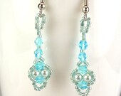 Handmade Earrings, Aqua Bicone Crystals, Aqua Pearls and Nickel Free Ear Wires