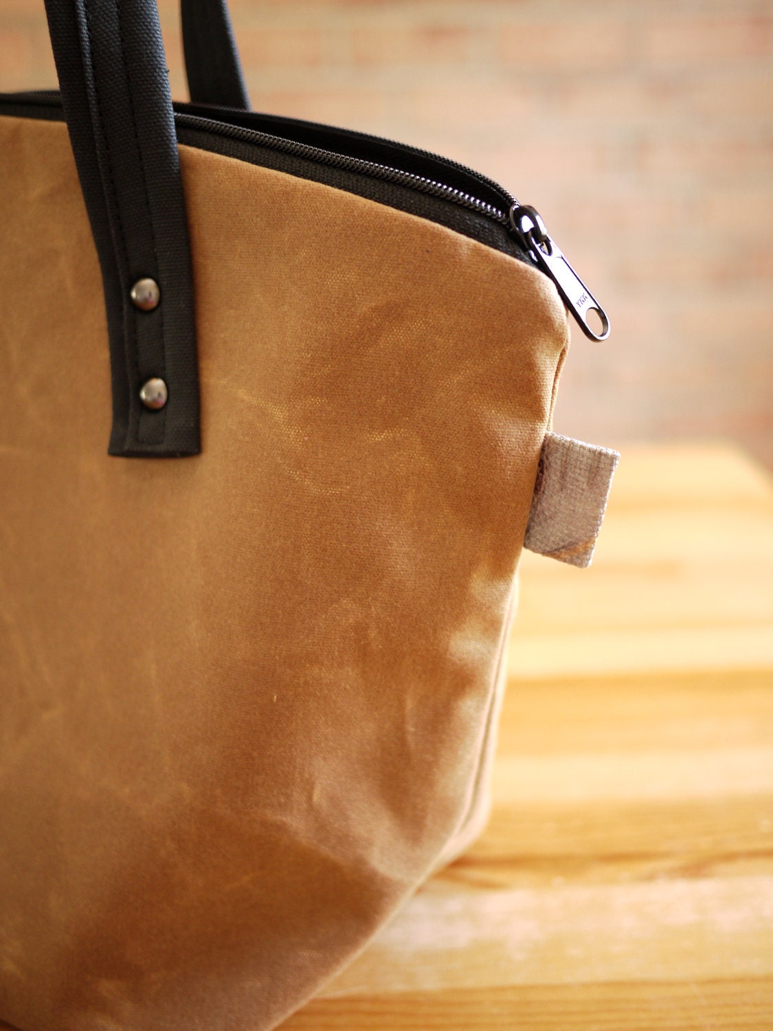Waxed Canvas Zipper Tote in Spice- Small Vegan Day Bag