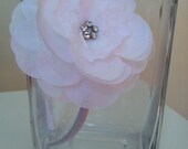 White Silk Flower with Rhinestones attached to White Satin Headband