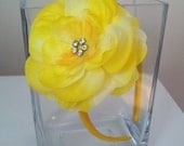 Yellow Silk Flower with Rhinestones attached to a Yellow Satin Headband