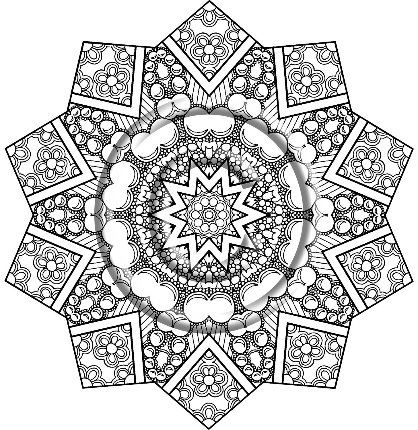 Instant Download Coloring Page Hand Drawn Zentangle Inspired Psychedelic "Shining Star" Abstract Zendoodle Mandala Doodle By Kat