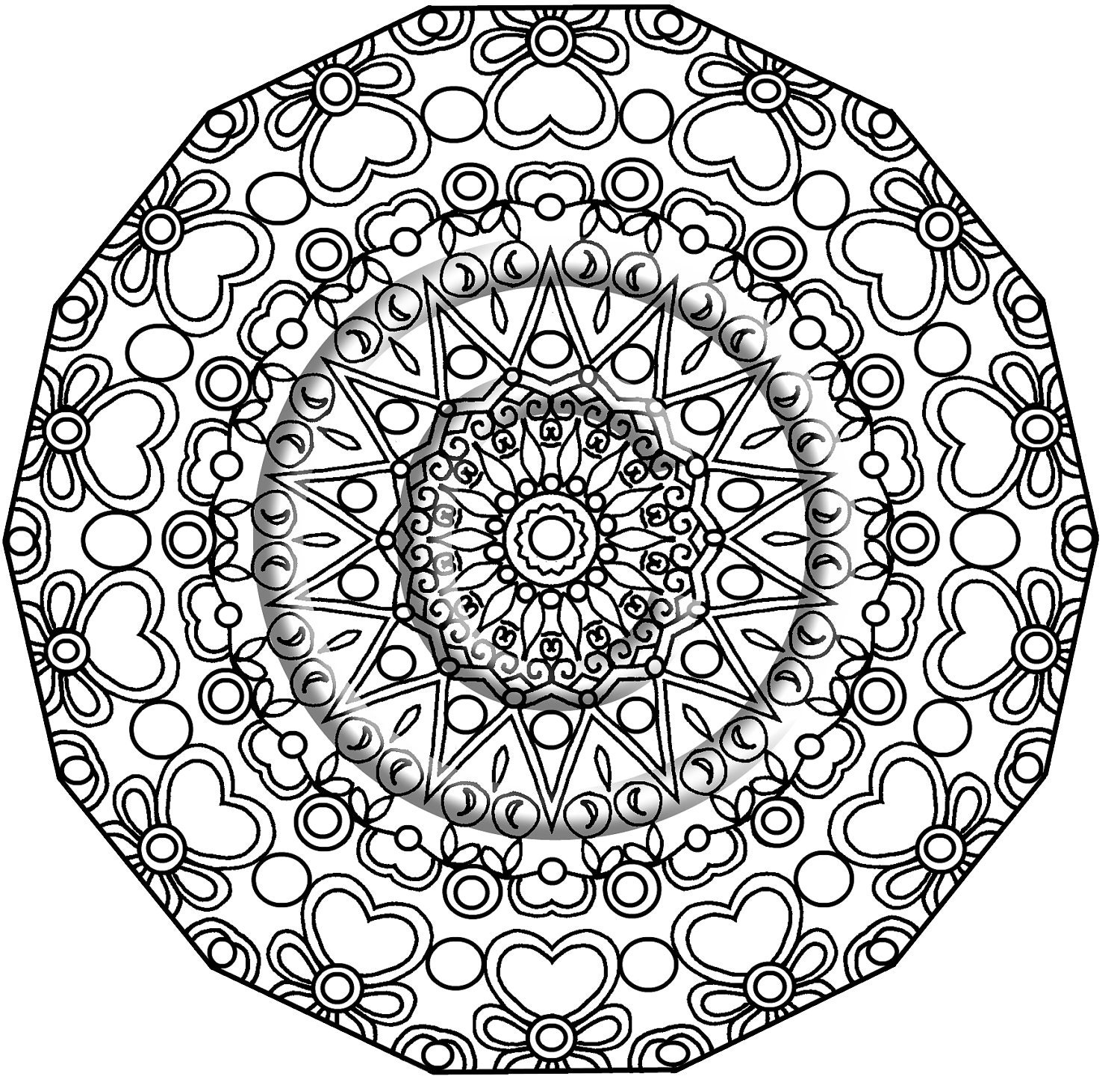 Instant Download Coloring Page Hand Drawn Zentangle Inspired "Heavenly Hearts" Abstract Zendoodle Mandala By Kat