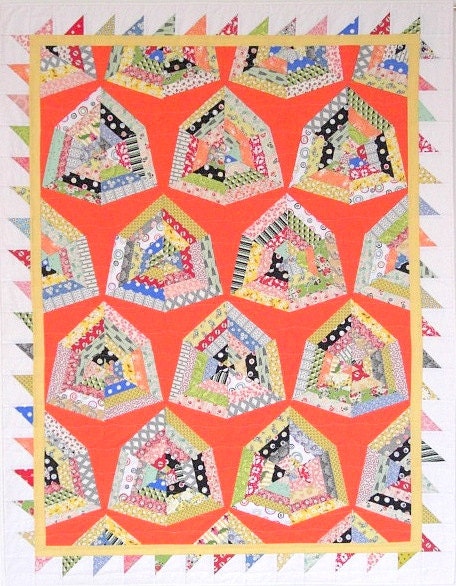 Orange Retro Quilt, Wall Quilt, Lap Quilt, Modern Quilt, String Quilt, Scrap Quilt, 45" x 57", Diamond Dish, Quiltsy