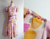 Vintage 70's Does 40's Albert Nipon Orchid Florals Cotton Voile Dress XS or S