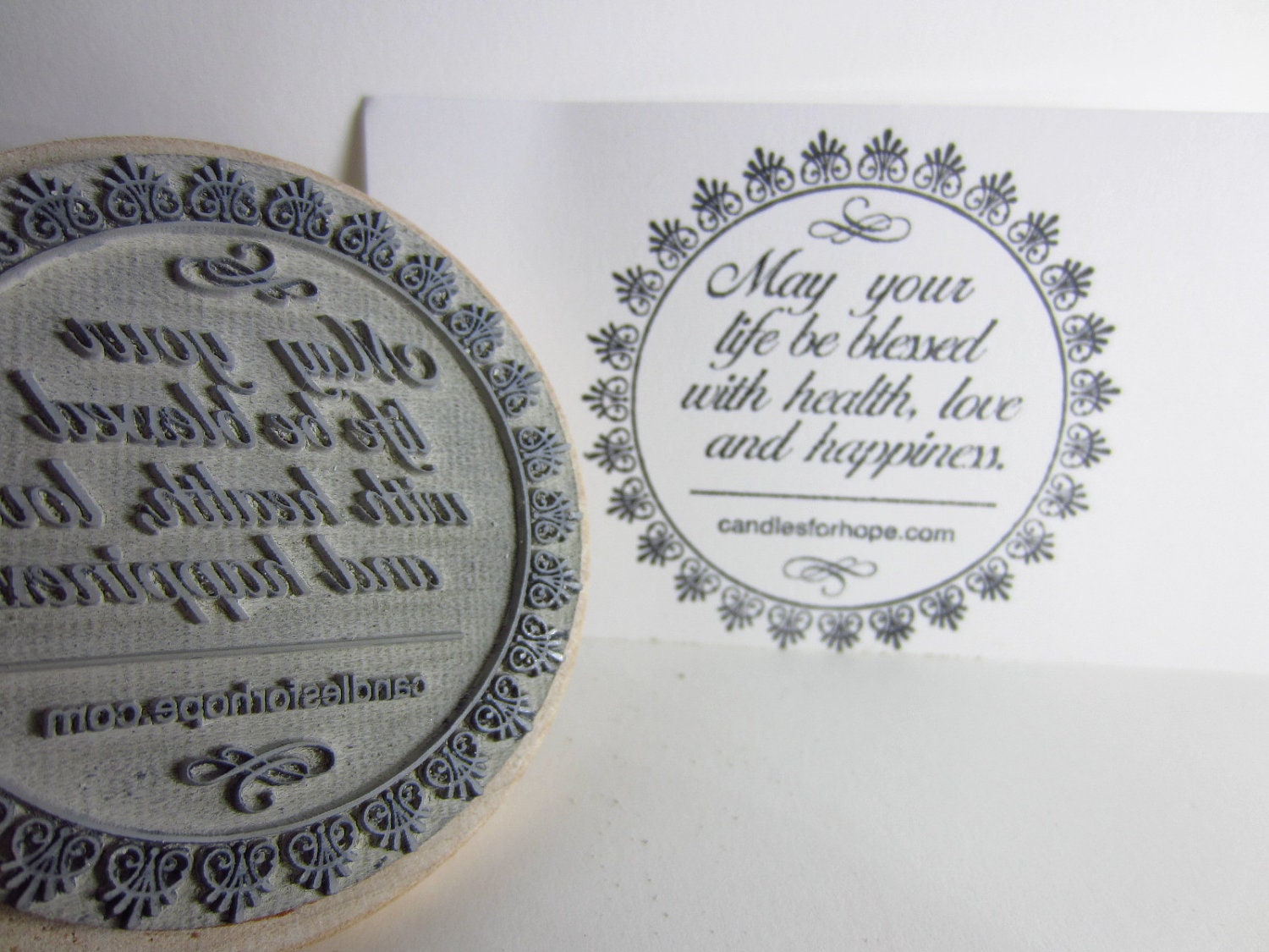 Custom Round Stamp - Max. 2.25" round - any design - deeply etched with wood engraving - rubber stamp - great for stamping on polymer clay