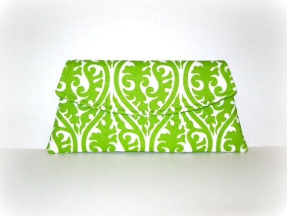 Green Clutch - Chartreuse Green and White Kimono Print - MSG FabriCreations