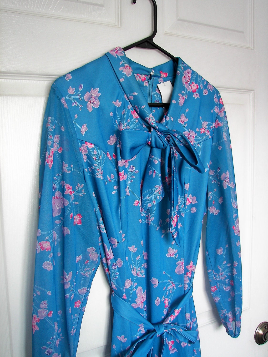 70s Blue Dress - Secretary Tie Collar - Large