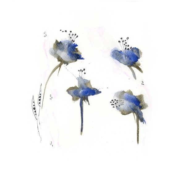 Blue Flowers Watercolor Painting Original Abstract Art 10x10 pink brown zen gift for her Mothers day