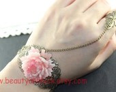 Steampunk style, pink hibiscus flowers bracelet and ring created with chain