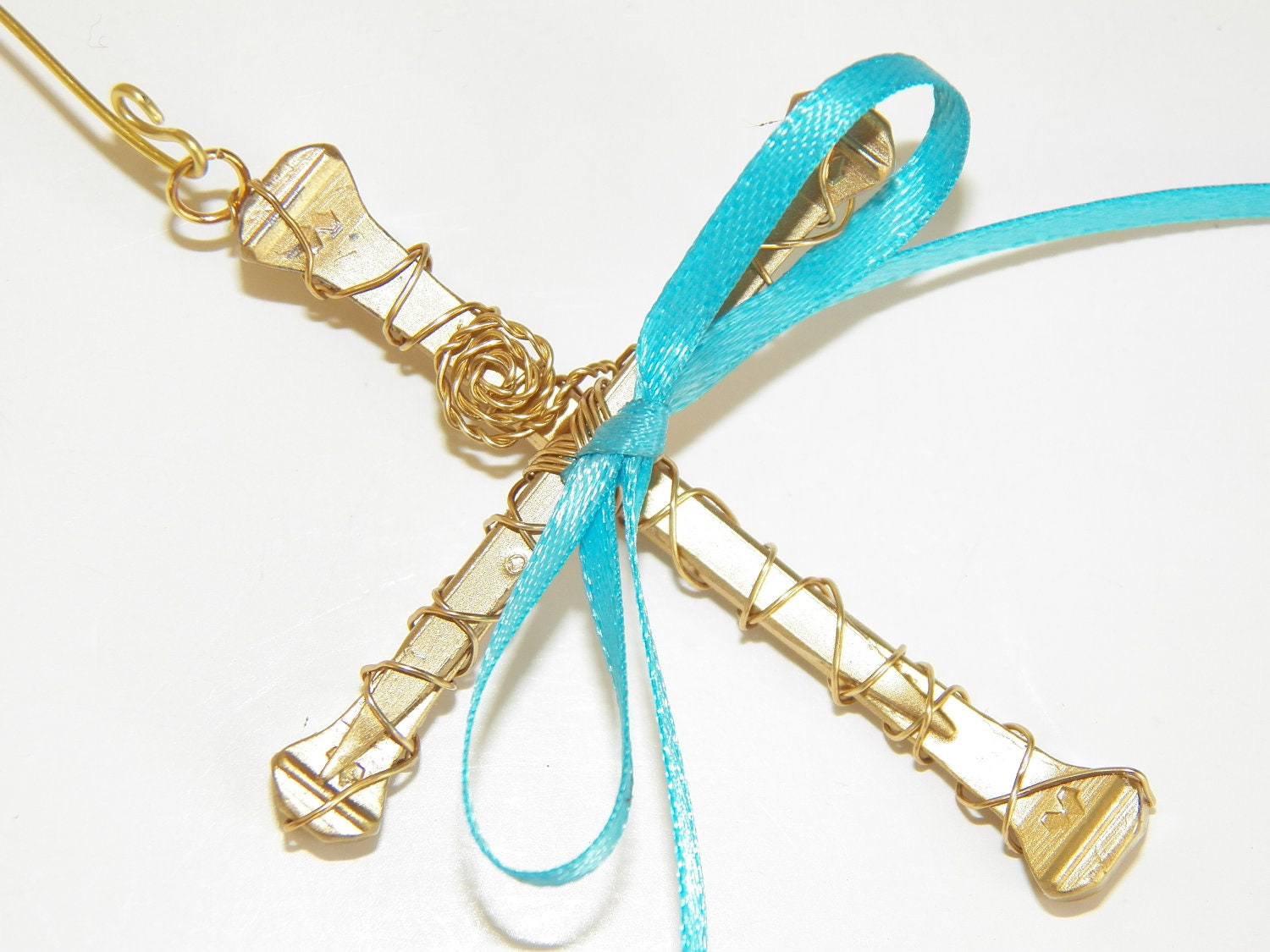 Cross Christmas Ornament wall Hanging Home Decor Gold Horseshoe Nail Cross Gold Wire Wrapped Blue Ribbon Handmade Montana USA Free Shipping