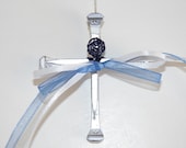 Cross Christmas Ornament Silver Horseshoe Nail Cross Home Decor Wall Hanging Blue Wire Wrapped Ribbon Handmade Montana USA Free Shipping