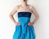 SOMETHING BLUE Lace Dress - Strapless Bustier Mini Dress with Vintage Blue Midnight Lace & Turquoise Cotton - Wedding, Bridesmaid, Prom