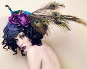 Beautiful Large Peacock Fascinator with Peacock Feathers and Veil
