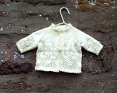 Hand knitted yellow baby girls cardigan / bonnet / mitten set . 16" chest.