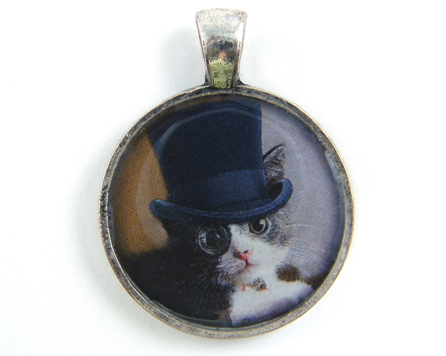 Cat Pendant - Cat in Hat  Steampunk Gray White Cute Pet Charm Animal Jewelry