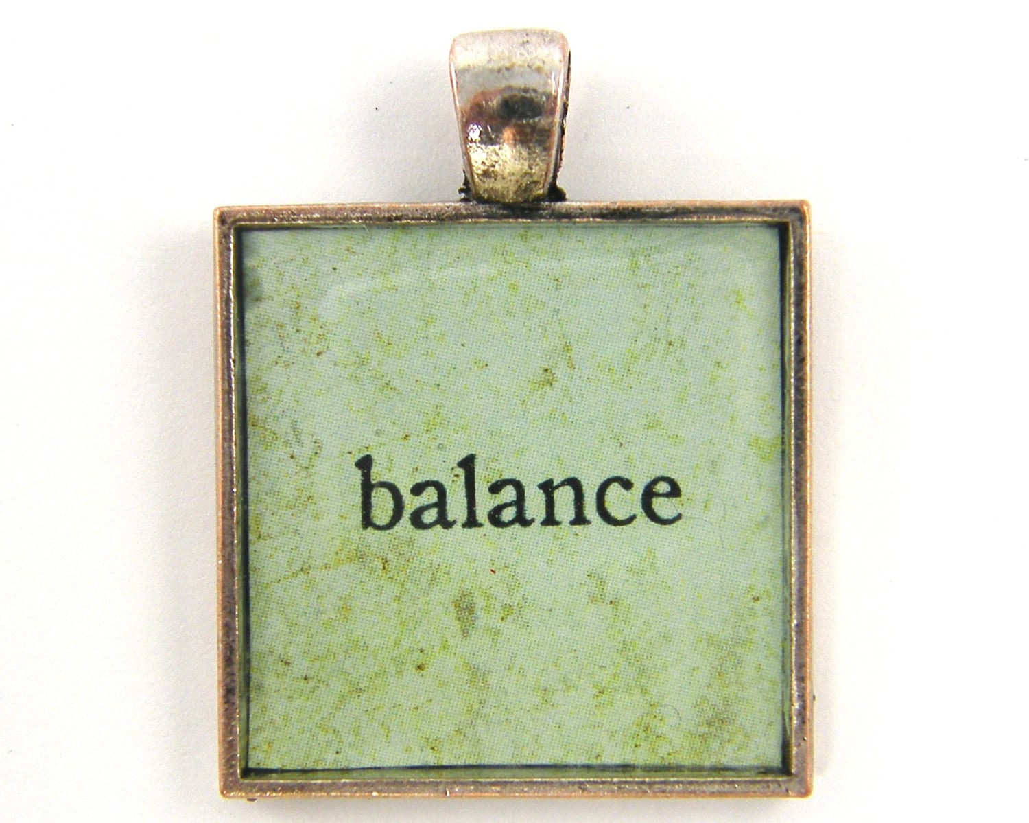 Balance Pendant - Inspirational Motivational Affirmation Word Charm Aqua Silver Square Jewelry Charm