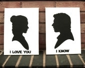 Star Wars Wall Art Stencil on Canvas - Princess Leia loves Han, Han knows