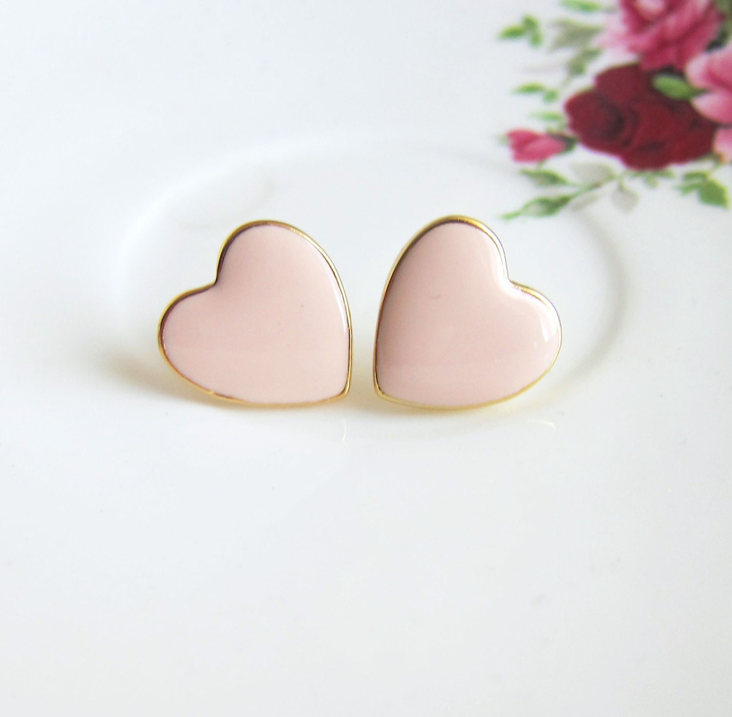 Blush Pink Earrings Soft Pink Earrings Heart Earrings Studs Rose Pink Light Pink Pale Pink Wedding Bridesmaids Earrings - Jewelsalem