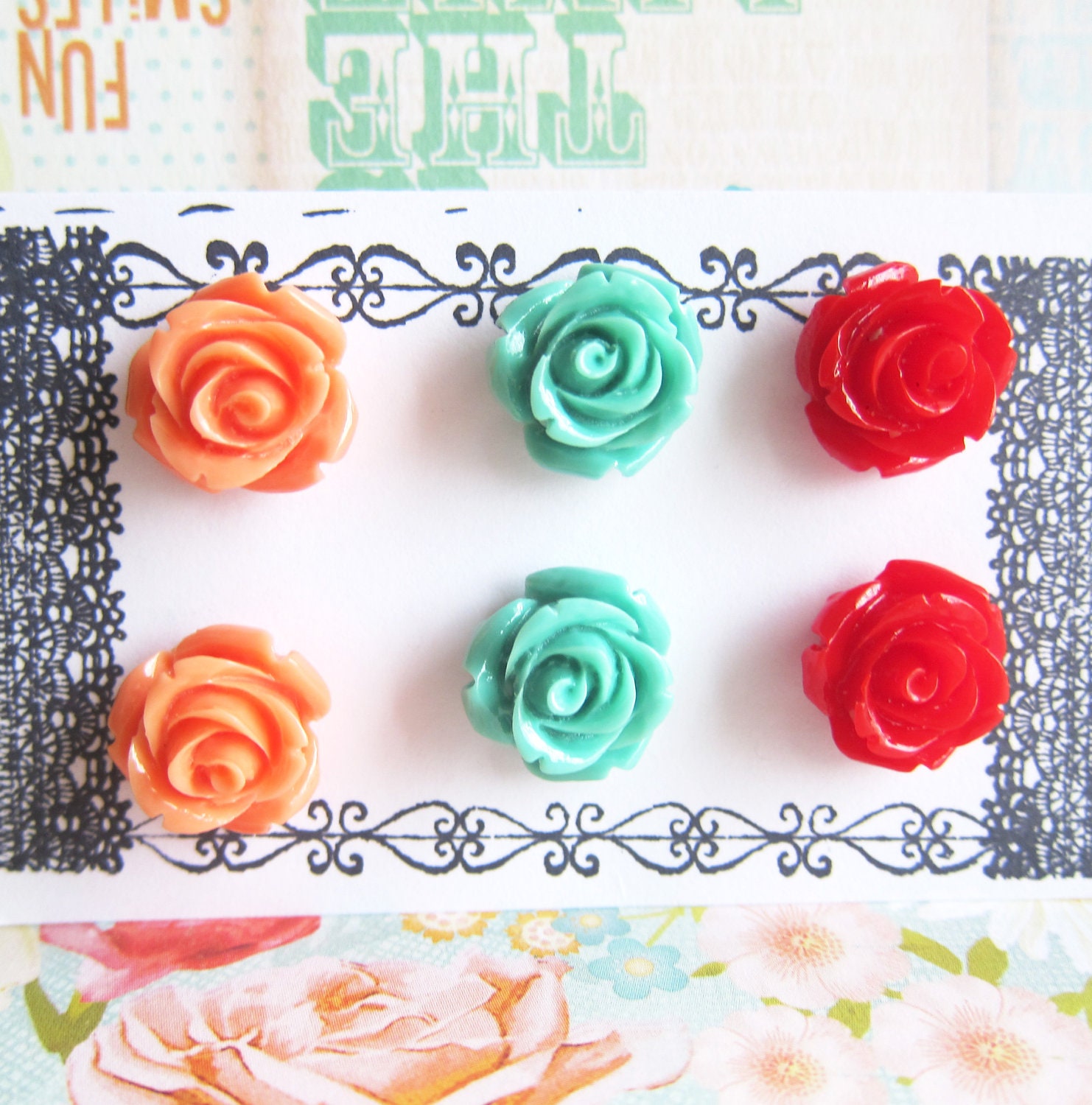 Floral Stud Post Earrings Set Floral Earrings Set Floral Studs Lot of 3 Flower Post Set Beige Pink Peach Orange Earrings