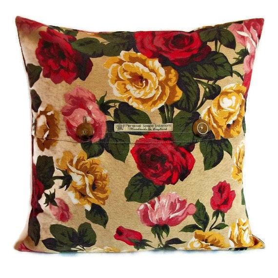 Cushion cover / pillow cover in vintage 1950s linen rose print with button fastening 18 inch