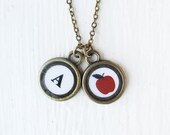 Teacher Gift Necklace- Custom Letter Initial- Red Apple- Bronze and Resin- Made to Order- Stocking Stuffer