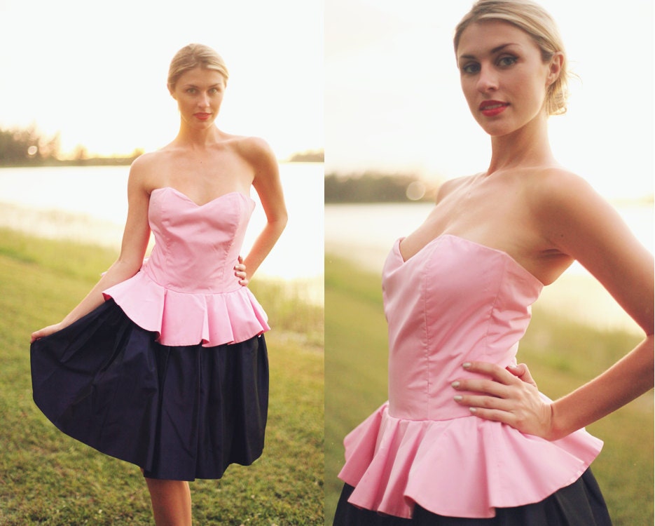 Vintage 1980s Light Pink Blue Peplum Taffeta Strapless Party  Dress