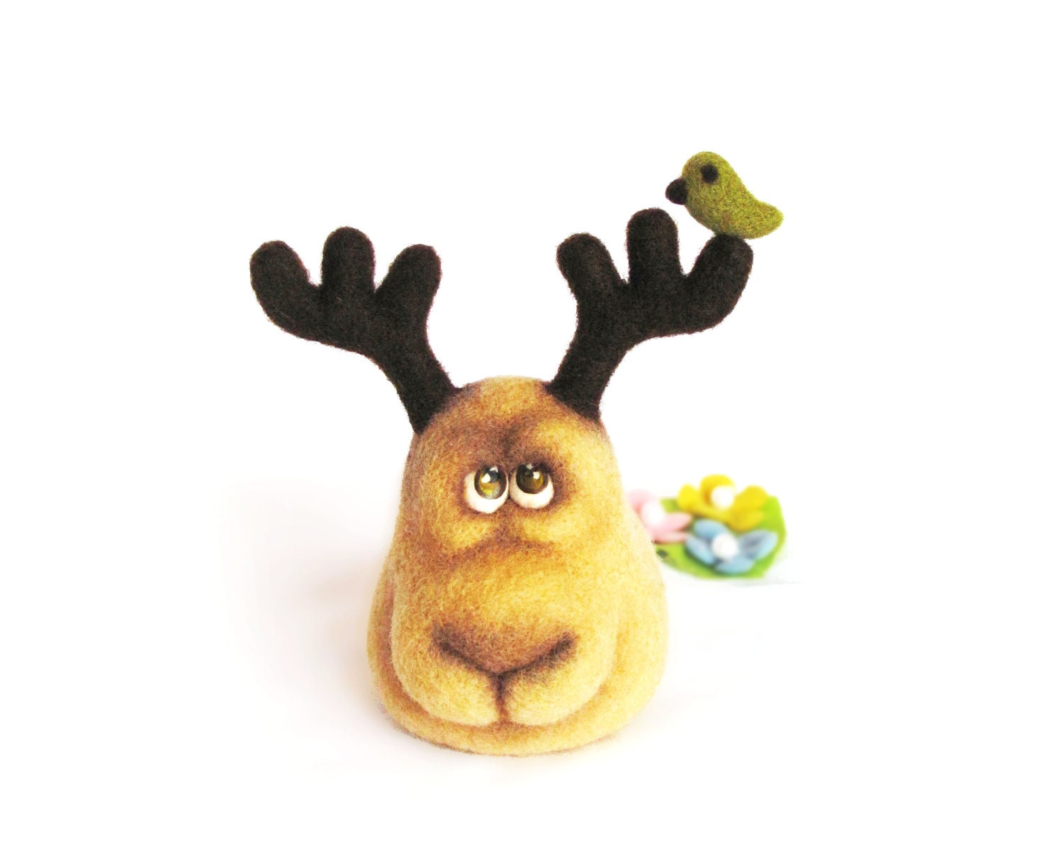 Needle Felted Toy. Funny Moose and Green Little Bird. Felt Toys. gift under 50.