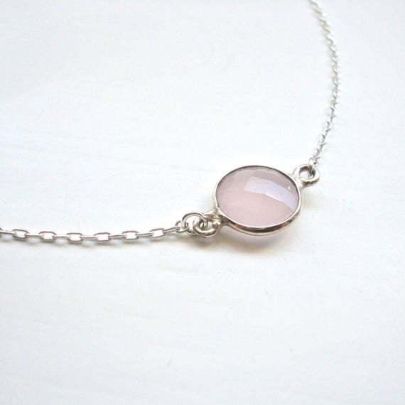 Simple Pink Necklace - Tiny Pale Pink Charm with Silver Bezel on Dainty Silver Chain - Minimalist, Feminine Jewelry - LAST ONE
