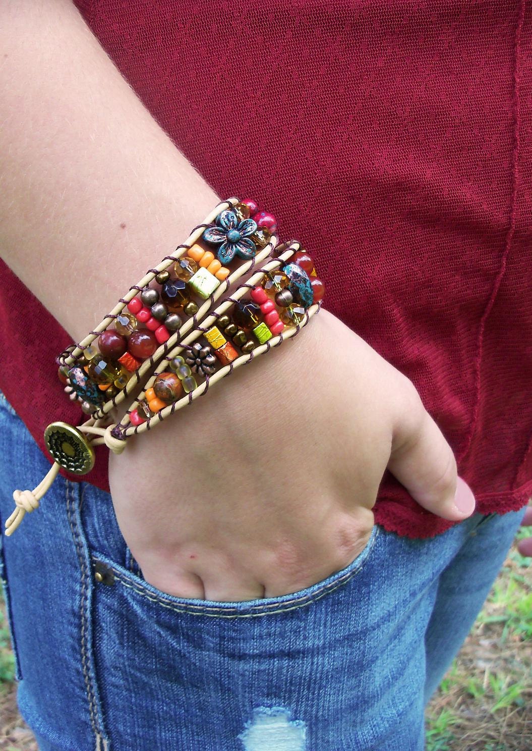 Handcrafted Bohemian Leather Beaded Double Wrap Bracelet