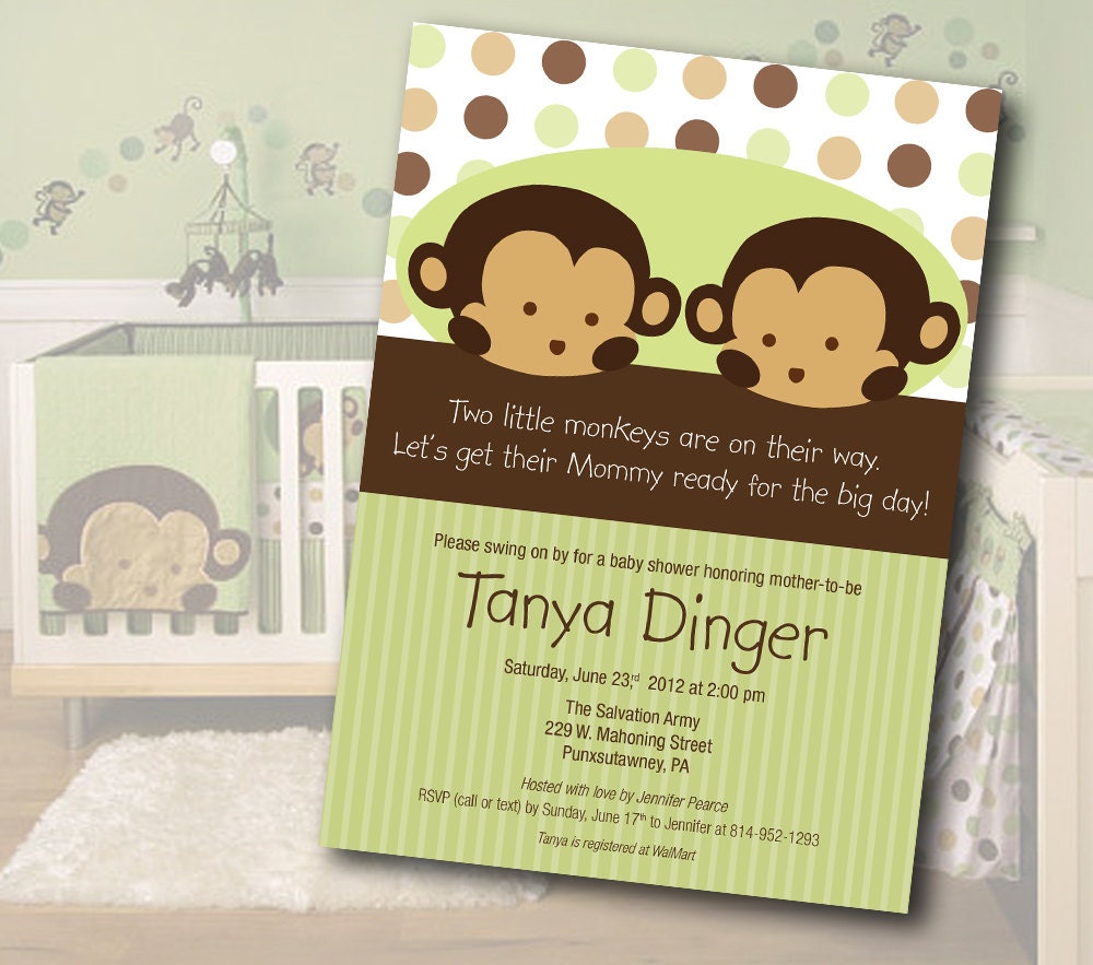 Twin Monkey Baby Shower Invitation Il_570xn