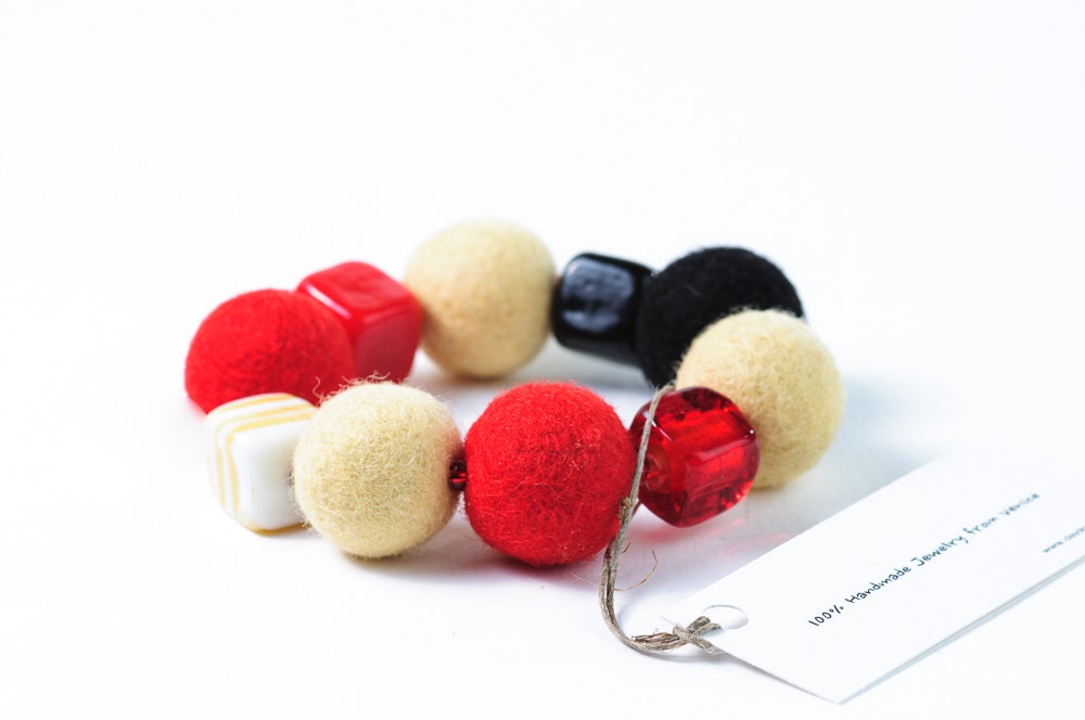 Chunky Beadwork Bracelet Christmas Jewelry Red Black Cream Felt Bead Jewelry Murano Glass Bracelet