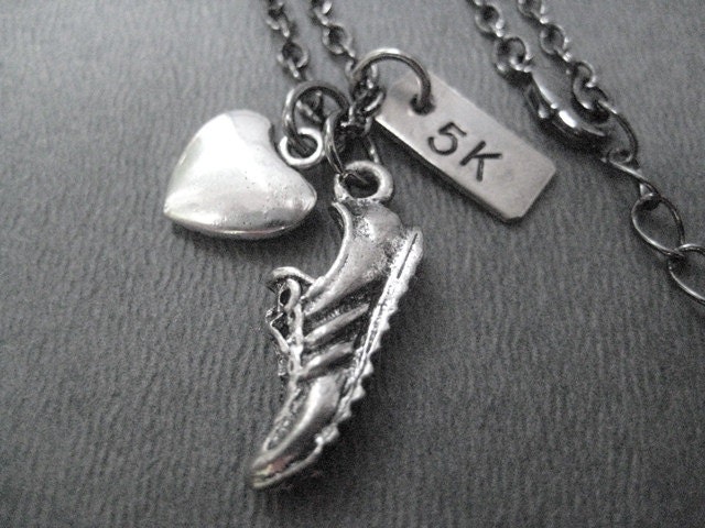 LOVE to RUN 5K - Running Necklace 3 Pendants with Puffed Heart - Running Jewelry - 18 inch gunmetal chain - 5K Runner - Road Race Jewelry