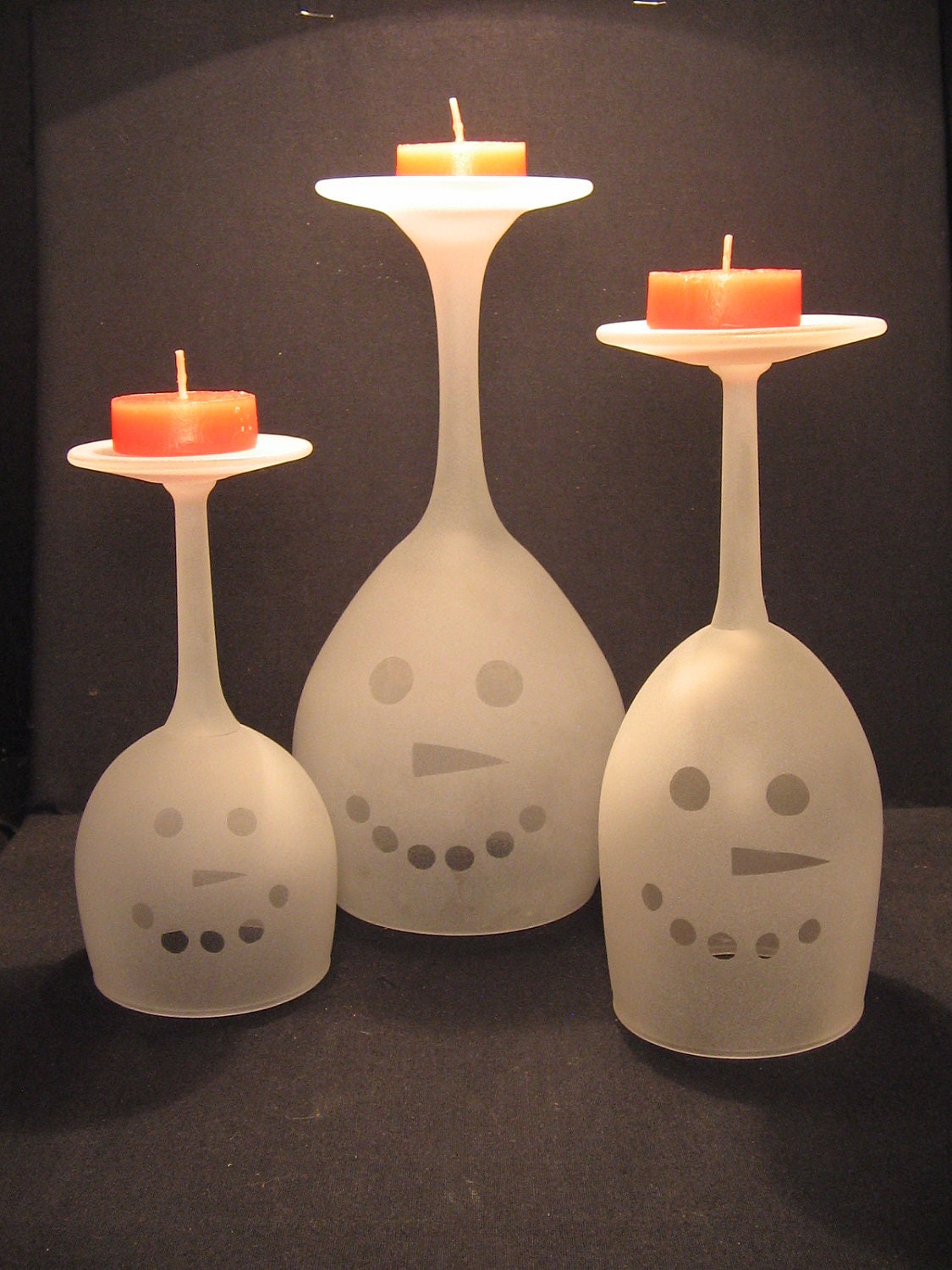 Etched Wine Glass Snowman Christmas Holiday Candle Holder Set
