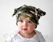 Green camouflage hat baby boy double knot beanie cap funky cute design kids spring summer fashion accessory toddler clothing black brown - OliveAndVince