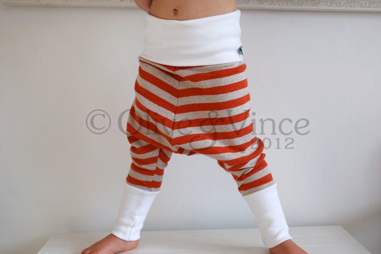 Orange striped baggy pants grey cream white stripy toddler harem leggings cute funky childrens unisex boys girls soft comfortable clothing