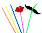 20 Mustache and Lips Straws - Photo Booth Props - Red Lips and Black Mustaches on Straws - Assembled Ready to Use Il_170x135