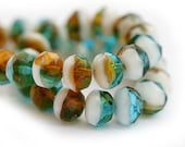 Czech glass beads, mixed ocean color teal, amber, white, donut, rondelle - 6x8mm - 12Pc - 0412