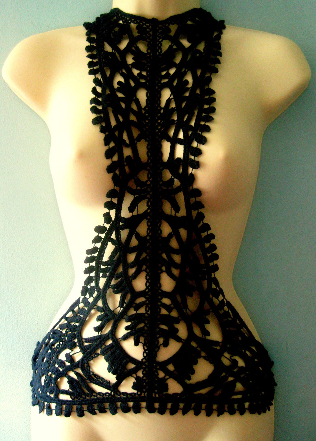 Harness body chain steampunk silver and black textile burlesque bohemian body jewelry