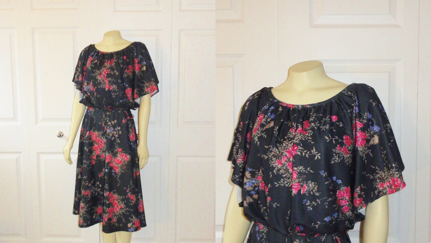 Vintage Dress 70s Black Pink Purple Floral Full Swing Skirt Draping Shirt sz 11 Modern Small to Medium