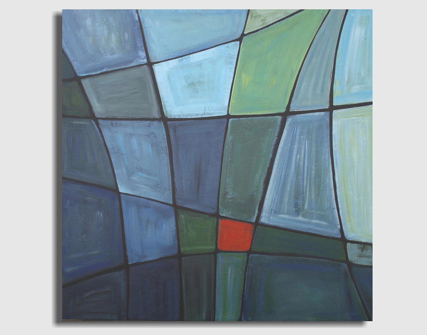 Geometric Abstract Painting in Blue and Green - Red Square (24x24) Original Acrylic Wall Decor - Sage Mountain Studio