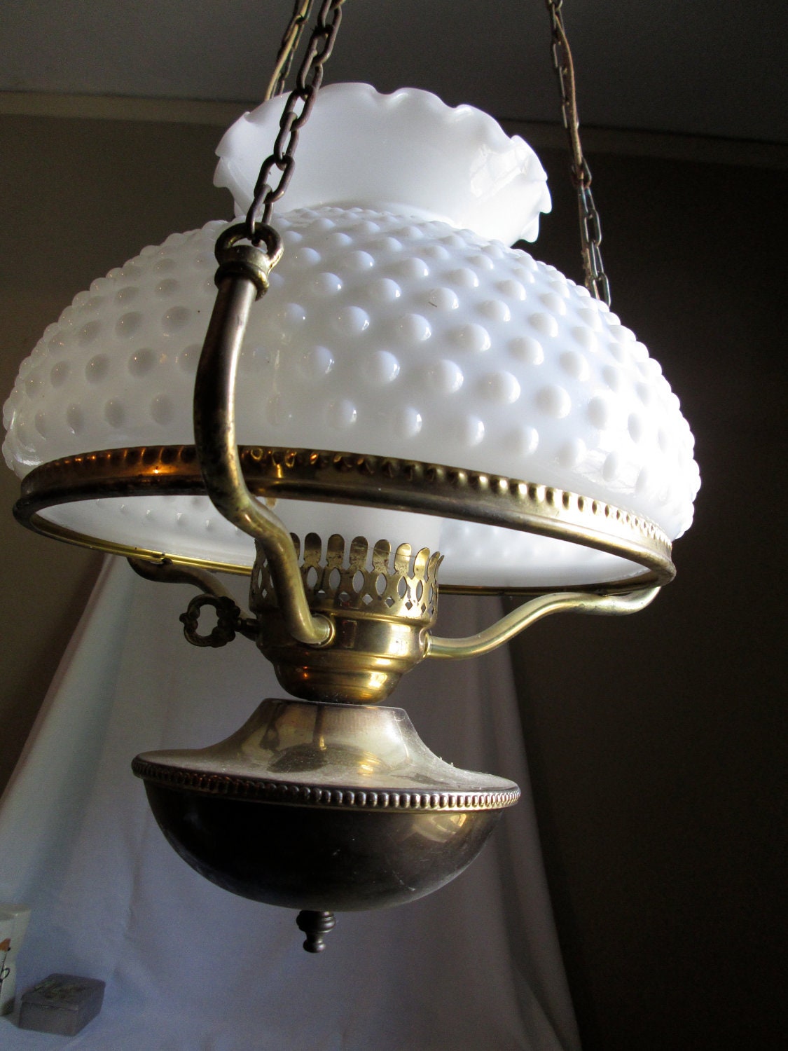 Colonial Brass Hanging Lamp w/ Frosted Hurricane and White Hobnail Shade
