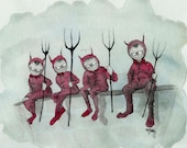 Handsome Little Devils Original Art By Creepymama - Scary, Devils, Creepy, Boys, Red, Pitchfork