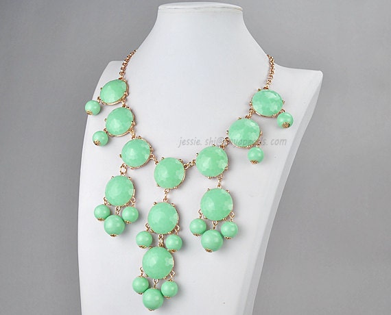 Mint Bubble Necklace, Bubble Bib Necklace, Gold Tone Necklace, Bubble Necklace, Bubble Jewelry (FN0508-F-Mint)