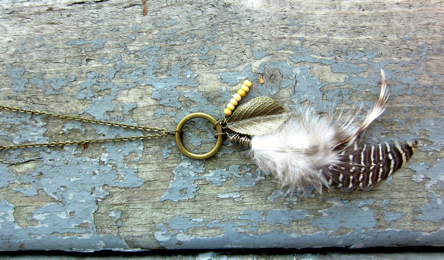 No. 52 Traveler's Feather Necklace. Leaves. Beads. Baubles.
